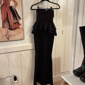 Long black strapless peplum dress
